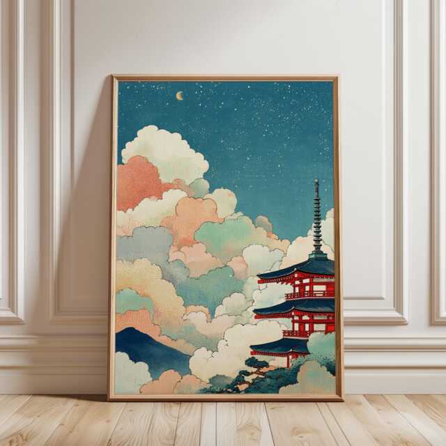 Japanese Pagoda Art Print, Starry Night Sky Wall Decor, Traditional Shinto Temple Poster, Pastel Cloud Landscape, Zen Asian Art, Unframed - image 1
