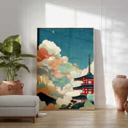 Japanese Pagoda Art Print, Starry Night Sky Wall Decor, Traditional Shinto Temple Poster, Pastel Cloud Landscape, Zen Asian Art, Unframed - thumbnail 3