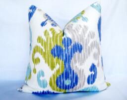 "Ikat Pillow Cover Aquamarine Avocado Linen, Decorative Sofa Cushion - 20"" X 20" - thumbnail 1