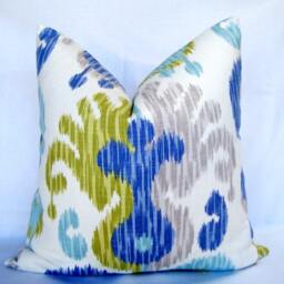 "Ikat Pillow Cover Aquamarine Avocado Linen, Decorative Sofa Cushion - 20"" X 20" - thumbnail 2