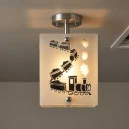 Vintage Steam Train Frosted Glass Pendant Light, Satin Chrome Frame, Railway Nursery Decor - thumbnail 3