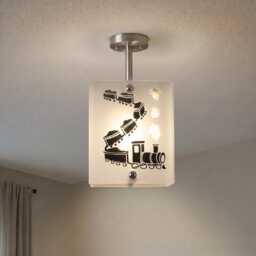 Vintage Steam Train Frosted Glass Pendant Light, Satin Chrome Frame, Railway Nursery Decor