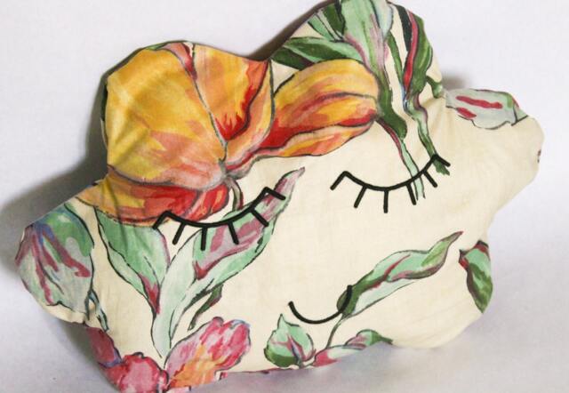 Cloud Cushion Doudou Cotton Vanilla Cream Printed Impressionistic Floral Patterns Embroidered Serene Face Too Cute Black Yarn Made in France - image 1