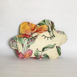 Cloud Cushion Doudou Cotton Vanilla Cream Printed Impressionistic Floral Patterns Embroidered Serene Face Too Cute Black Yarn Made in France - thumbnail 2