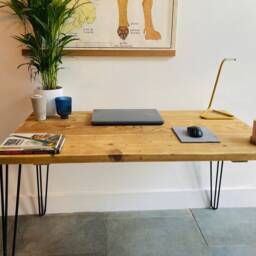 Reclaimed Wood Desk Scaffold Black Hairpin Legs - thumbnail 4