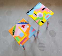 Hand Painted Resin Side Tables Colorful Abstract Art, Funky End Table - thumbnail 1
