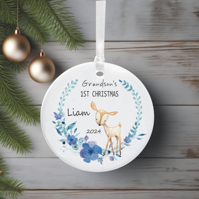 Grandson's First Christmas Ceramic Personalised Tree Decoration - Cute Deer Holiday Ornament Keepsake Xmas Bauble - image 1