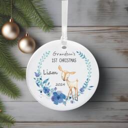 Grandson's First Christmas Ceramic Personalised Tree Decoration - Cute Deer Holiday Ornament Keepsake Xmas Bauble - thumbnail 1