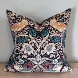 Morris & Co Strawberry Thief Velvet Mulberry Slate Cushion Cover 43x43 cm