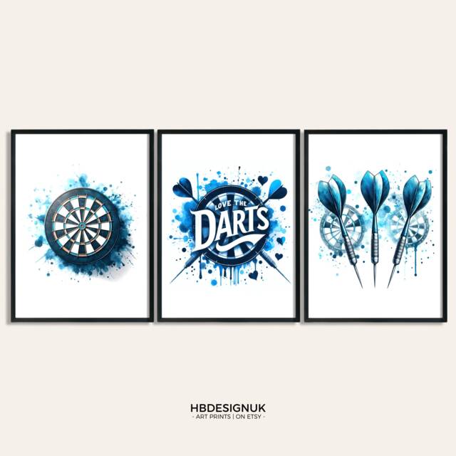 Darts Art Print - Love The - Fan Gift Blue Watercolour Posters Lover Bedroom Prints Decor Set Of 3 - image 1