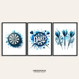 Darts Art Print - Love The - Fan Gift Blue Watercolour Posters Lover Bedroom Prints Decor Set Of 3 - thumbnail 1