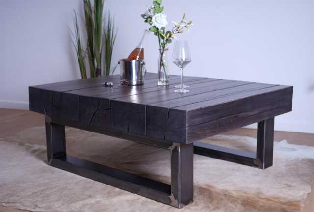 Large Beech Hardwood Coffee Table - Industrial/Rustic Style Black/Clear Steel Legs Living Room - image 1