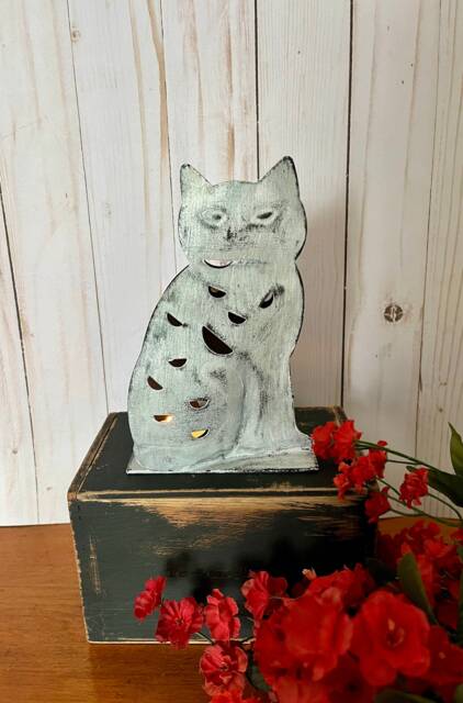 Vintage Inspired Cat Metal Votive ~ Candle Holder White Luminary Distressed Cottage - image 1