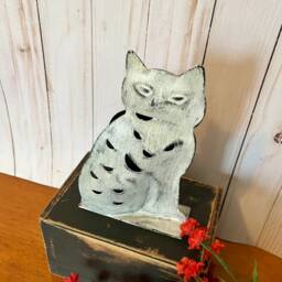 Vintage Inspired Cat Metal Votive ~ Candle Holder White Luminary Distressed Cottage - thumbnail 2
