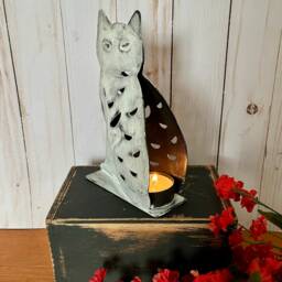 Vintage Inspired Cat Metal Votive ~ Candle Holder White Luminary Distressed Cottage - thumbnail 3