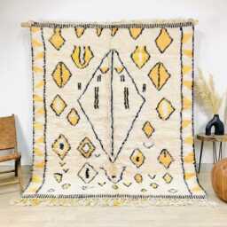 Moroccan Ivory & Yellow Berber Rug, Handwoven Wool Shag Diamond Geometric Motifs, Authentic Beni Ourain Carpet, Large Area Rug - thumbnail 1