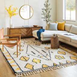 Moroccan Ivory & Yellow Berber Rug, Handwoven Wool Shag Diamond Geometric Motifs, Authentic Beni Ourain Carpet, Large Area Rug - thumbnail 3