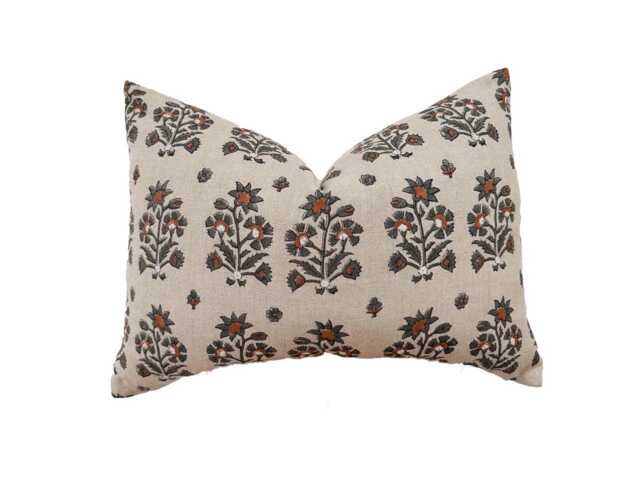 Gray & Rusty Floral Block Print Linen Lumbar Pillow Cover. 12x20, 14x20 - image 1