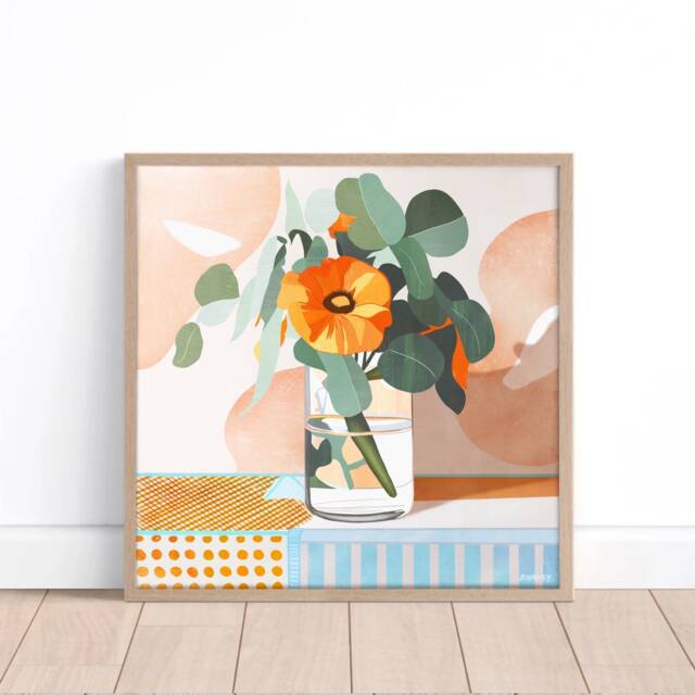 Flower Vase Print, Orange Flower Painting, Bright, Modern Print Wall Art Flowers, Nature, Original Art, Square - image 1