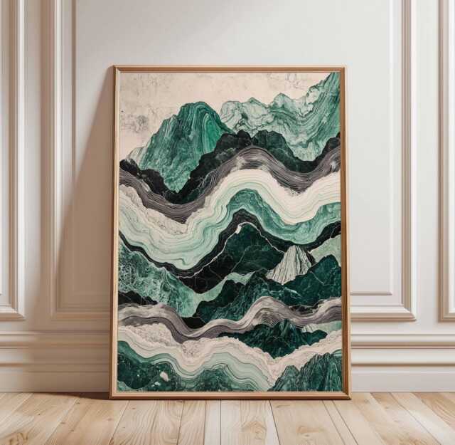 Abstract Mountain Landscape Poster, Green & Black Marble Art Print, Modern Nature Wall Art, Geometric Design, Poster - image 1