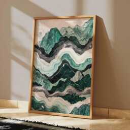 Abstract Mountain Landscape Poster, Green & Black Marble Art Print, Modern Nature Wall Art, Geometric Design, Poster - thumbnail 2