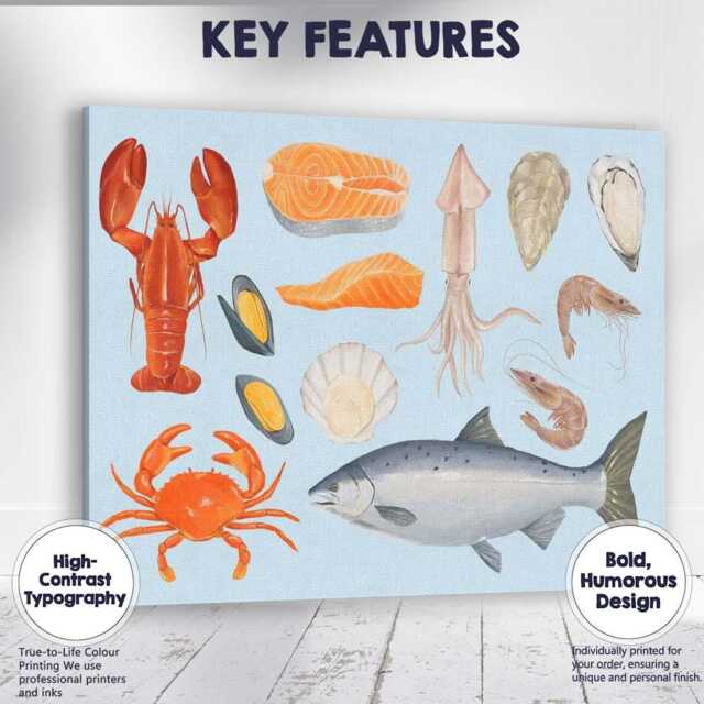 Watercolour Seafood Collection Fish Shellfish Illustration Canvas Wall Art Print Decor Picture Ready To Hang - image 1