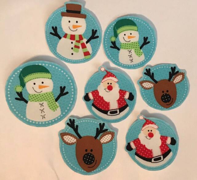 New 12 Little Christmas Balls Featuring Santa, Snowmen & Reindeer - Iron On Fabric Appliques - image 1