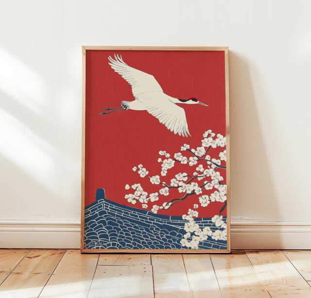 Japanese Crane Poster, Red Wall Art, Asian Bird Print - image 1