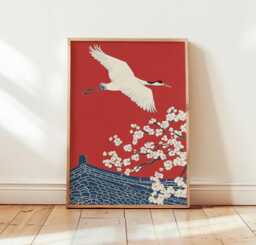 Japanese Crane Poster, Red Wall Art, Asian Bird Print - thumbnail 1
