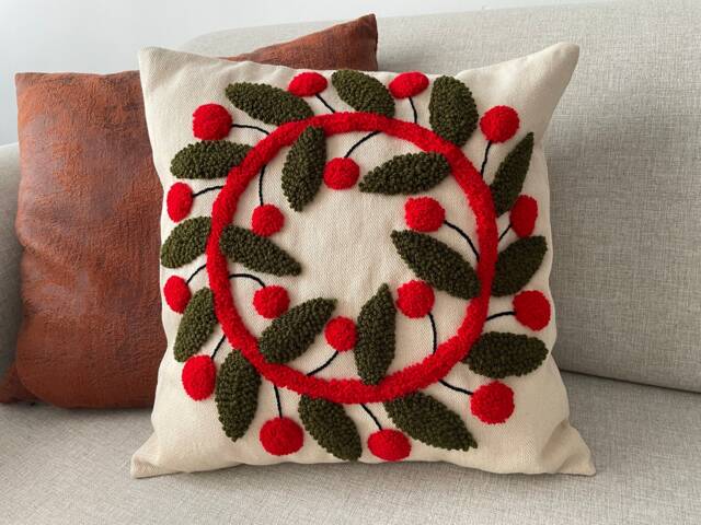 Handmade Punch Needle Pillow Cover, Textured Cherry Design, Boho Home Decor - 16x16 - image 1