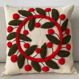 Handmade Punch Needle Pillow Cover, Textured Cherry Design, Boho Home Decor - 16x16 - thumbnail 2