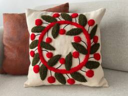 Handmade Punch Needle Pillow Cover, Textured Cherry Design, Boho Home Decor - 16x16 - thumbnail 1