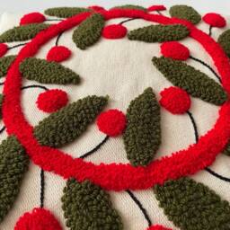 Handmade Punch Needle Pillow Cover, Textured Cherry Design, Boho Home Decor - 16x16 - thumbnail 3