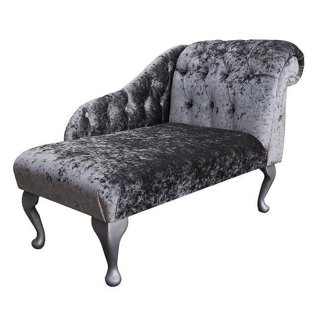 Handmade Crushed Velvet Chaise Longue Shimmer Steel Grey, Buttoned Accent Chair - image 1