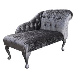 Handmade Crushed Velvet Chaise Longue Shimmer Steel Grey, Buttoned Accent Chair