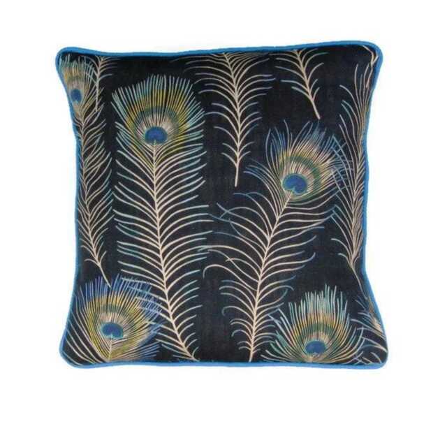 Sanderson Themis, Turquoise Blue, Gold & Black Peacock Feathers Linen Mix Cushion Cover, Throw Pillow Home Decor - image 1