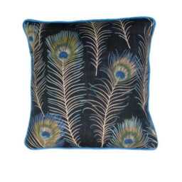 Sanderson Themis, Turquoise Blue, Gold & Black Peacock Feathers Linen Mix Cushion Cover, Throw Pillow Home Decor - thumbnail 1