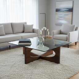 Walnut Mid-Century Modern Coffee Table With Glass Top - thumbnail 2