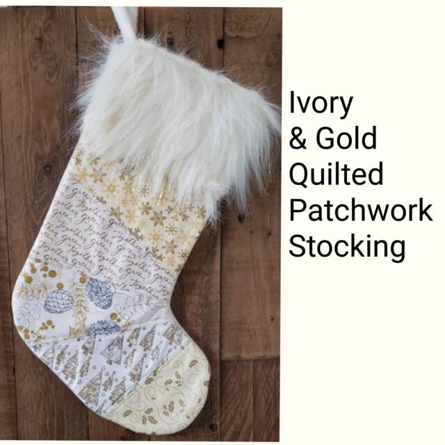 Gold & Ivory Christmas Stocking Ooak Patchwork Stocking. Quilted #8 - image 1