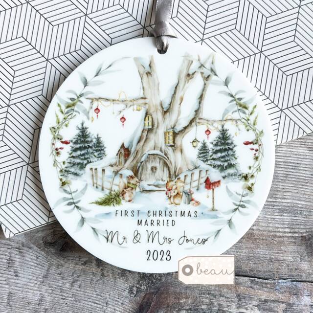 Personalised Wedding Gift First Christmas Married As Mr Mrs Newlywed Woodland Scene Greenery Acrylic Or Ceramic Round Ornament Keepsake
