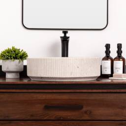 Natural Stone Vessel Bathroom Sink, Burj Ojinaga Marble, Fluted Vanity Basin - thumbnail 2