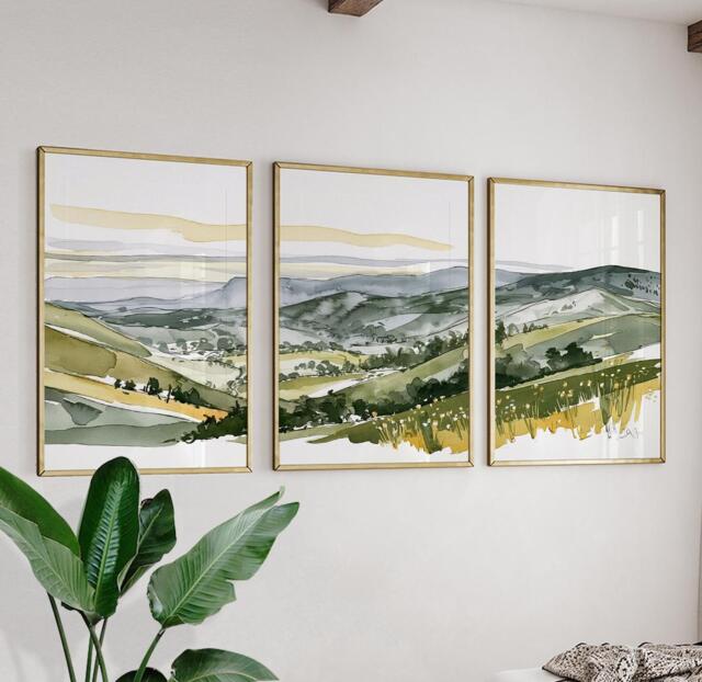 Green Countryside Landscape Trio, Neutral Farmhouse Wall Art Set - image 1