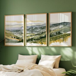 Green Countryside Landscape Trio, Neutral Farmhouse Wall Art Set - thumbnail 2