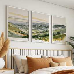 Green Countryside Landscape Trio, Neutral Farmhouse Wall Art Set - thumbnail 3