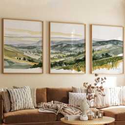 Green Countryside Landscape Trio, Neutral Farmhouse Wall Art Set - thumbnail 4