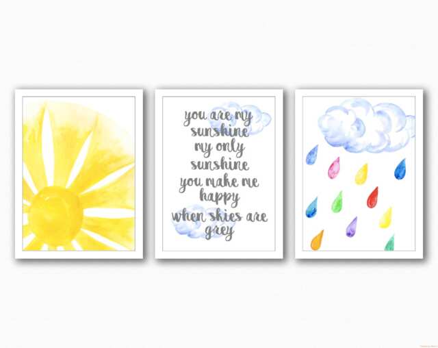 Watercolor Nursery Prints Rainbow Sunshine Wall Art Set