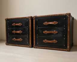Leather Trunk Nightstands Pair Black Tan Hardwood, 3 Drawer Bedside Chest - thumbnail 1