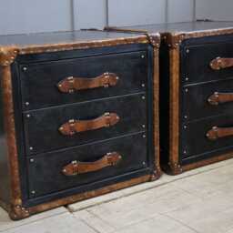 Leather Trunk Nightstands Pair Black Tan Hardwood, 3 Drawer Bedside Chest - thumbnail 3