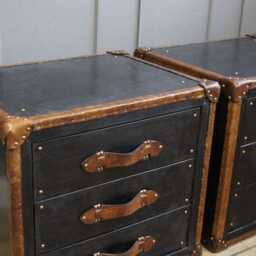 Leather Trunk Nightstands Pair Black Tan Hardwood, 3 Drawer Bedside Chest - thumbnail 4