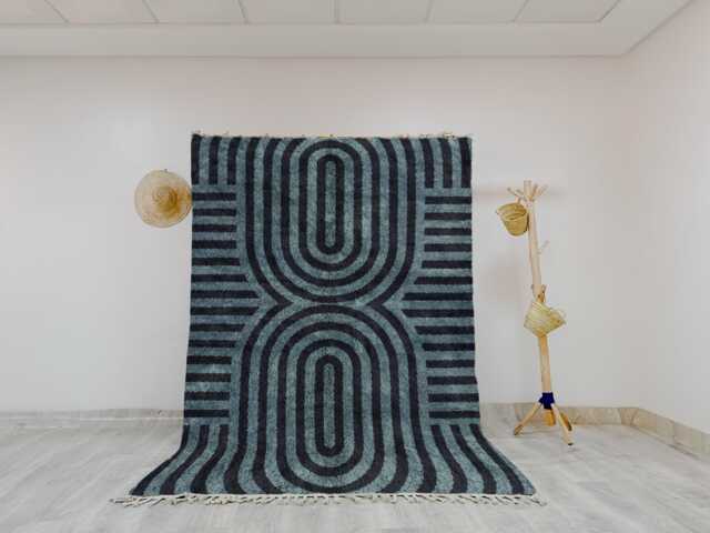 Modern Geometric Rug, Black & Teal Blue Arch Pattern Area Moroccan Style Wool Carpet, Contemporary Home Decor - image 1